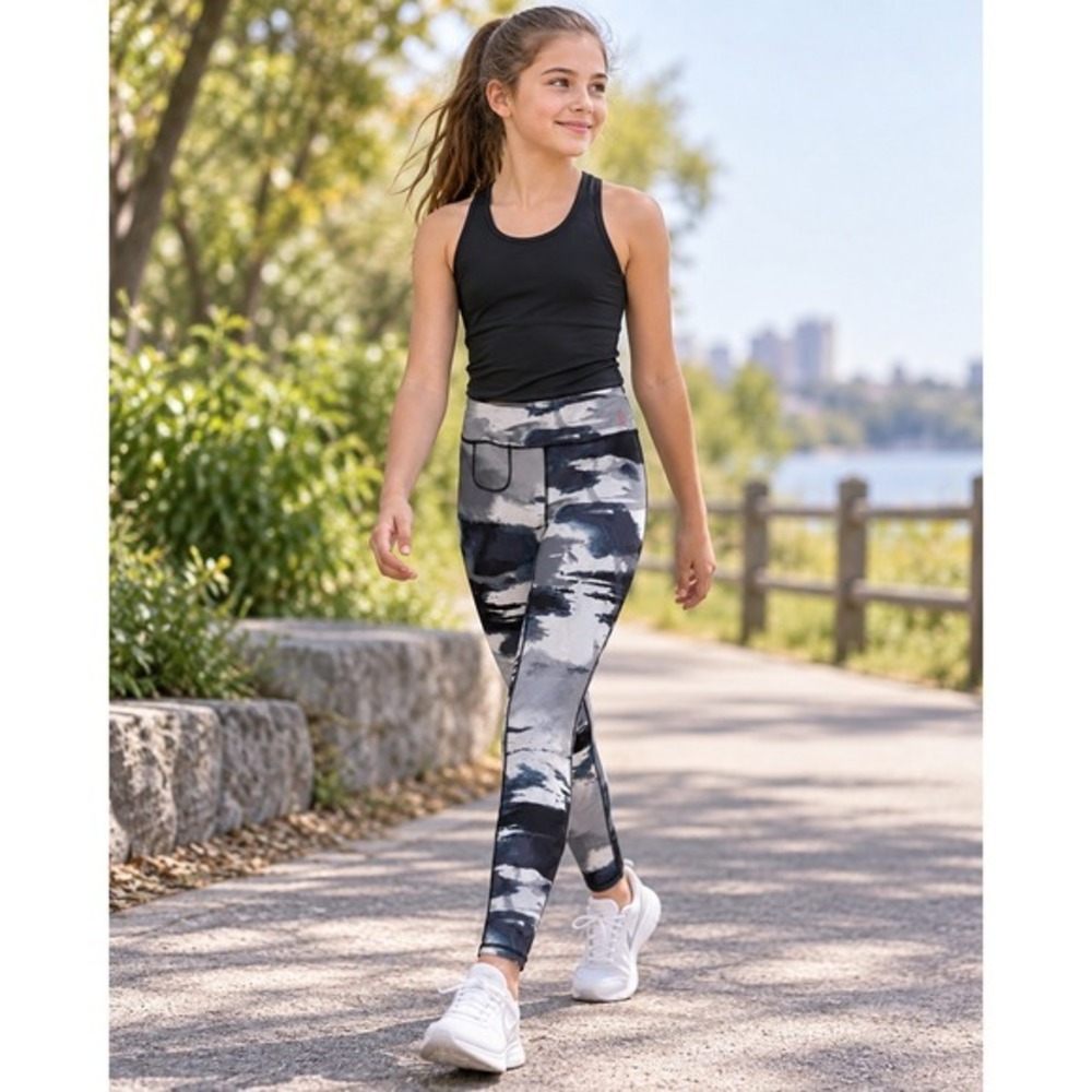 Zella Girl Gray Abstract Print Athletic Leggings XL 14/16 Yoga Running Pocket